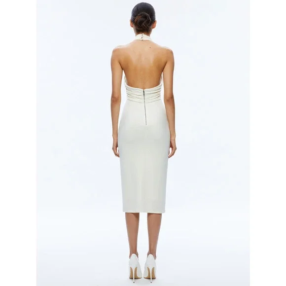 NWT Alice + Olivia Women's Suellen Twist Neck Halter Midi Dress Ecru‎ Size 6 - Picture 2 of 15